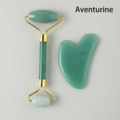 Juego de rodillo facial de cristal natural y gua sha: amatista, cuarzo rosa, aventurina, jade verde