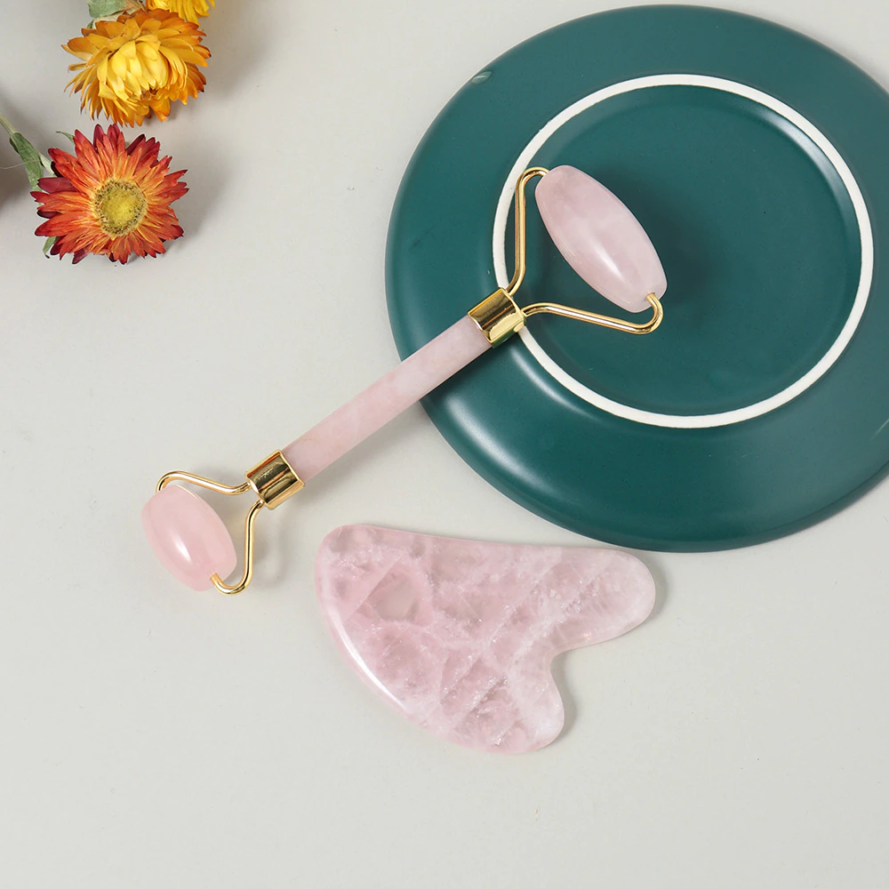 Juego de rodillo facial de cristal natural y gua sha: amatista, cuarzo rosa, aventurina, jade verde