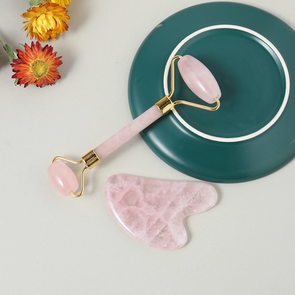 Juego de rodillo facial de cristal natural y gua sha: amatista, cuarzo rosa, aventurina, jade verde