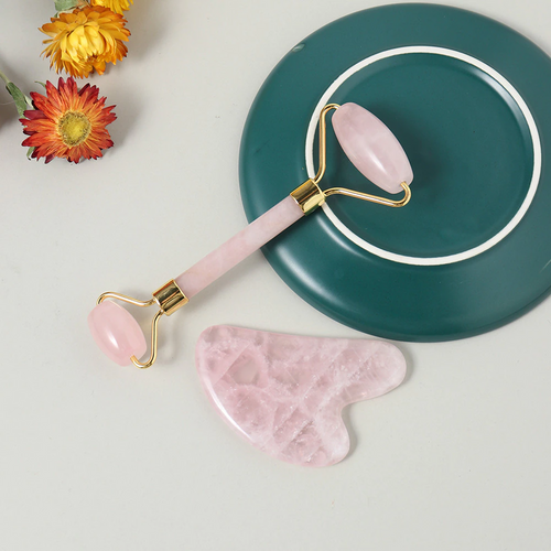 Natural Crystal Face Roller and Gua sha set - Amethyst Rose Quartz Aventurine Green Jade