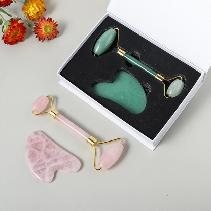 Juego de rodillo facial de cristal natural y gua sha: amatista, cuarzo rosa, aventurina, jade verde