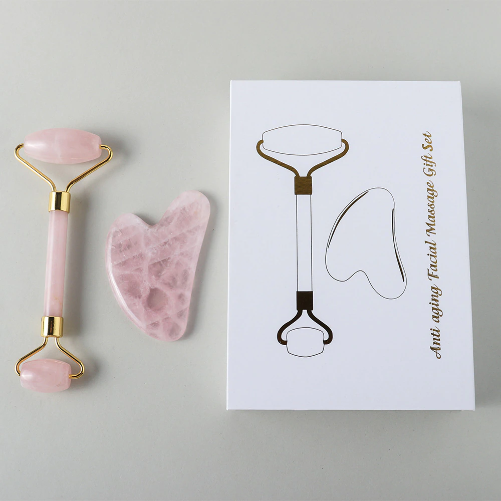 Juego de rodillo facial de cristal natural y gua sha: amatista, cuarzo rosa, aventurina, jade verde