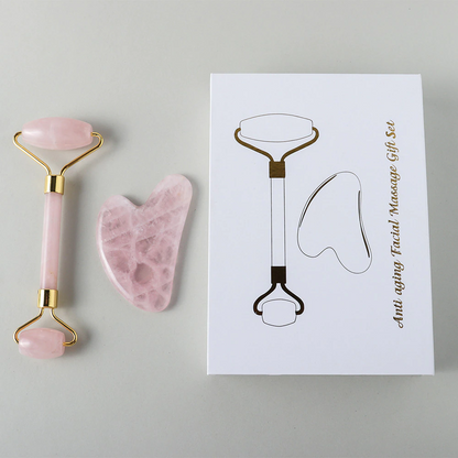 Juego de rodillo facial de cristal natural y gua sha: amatista, cuarzo rosa, aventurina, jade verde