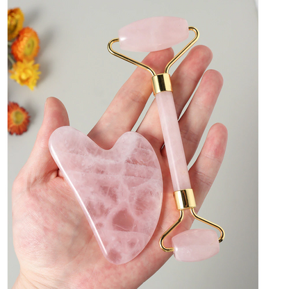 Juego de rodillo facial de cristal natural y gua sha: amatista, cuarzo rosa, aventurina, jade verde