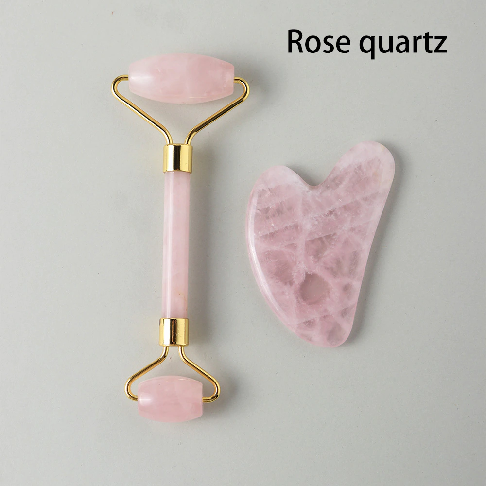 Juego de rodillo facial de cristal natural y gua sha: amatista, cuarzo rosa, aventurina, jade verde