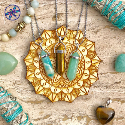 Conjunto de collar de cristales de éxito y abundancia: amazonita, ojo de tigre y aventurina 