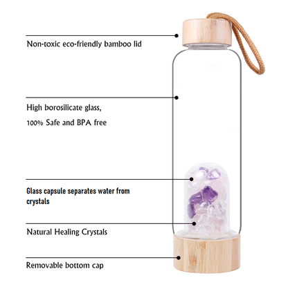 Serenity Crystals Bamboo Bottle with Amethyst, Clear Quartz &amp; Rose Quartz