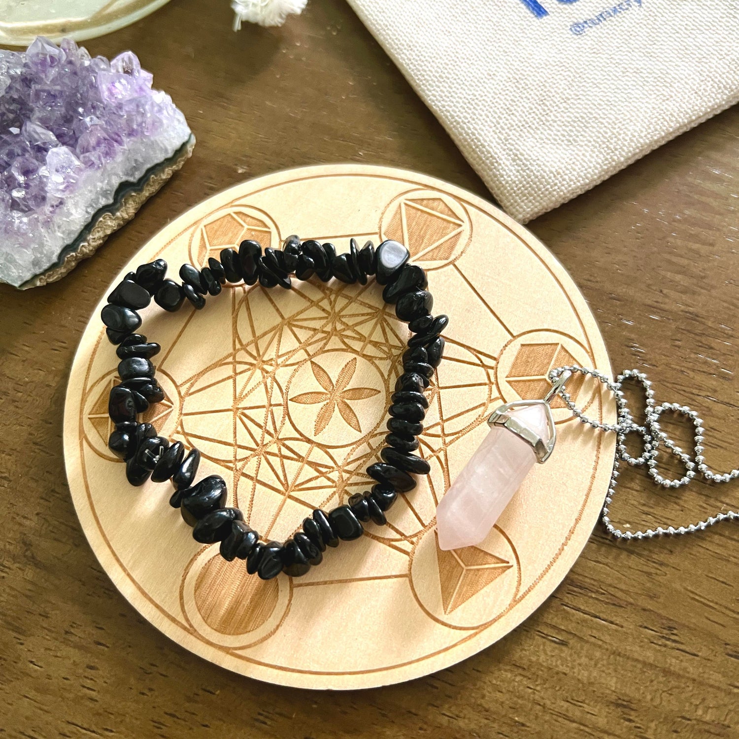 Waning Crescent Crystal Bundle - Tourmaline + Rose Quartz