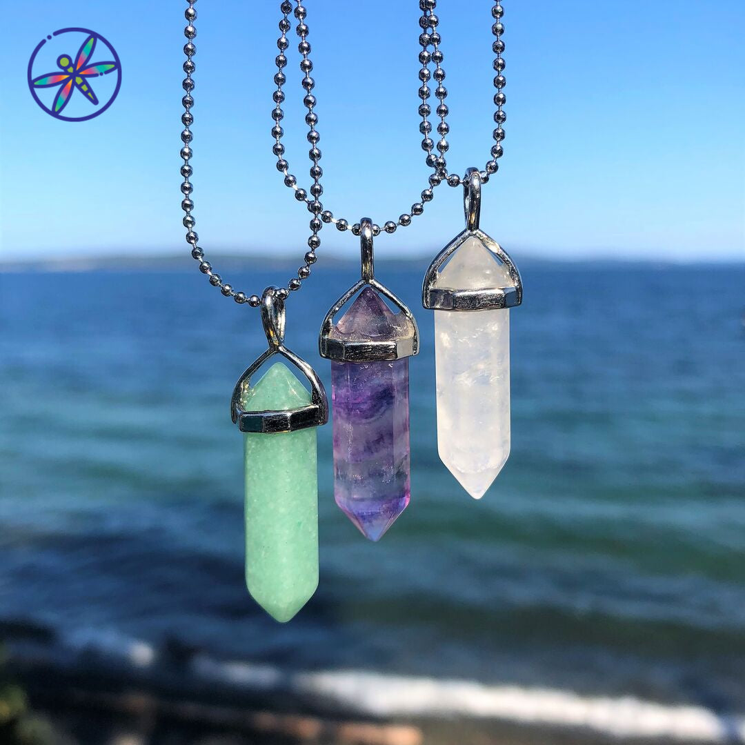 Peace &amp; Harmony Crystal Necklace set: Aventurine, Purple Fluorite, Clear Quartz