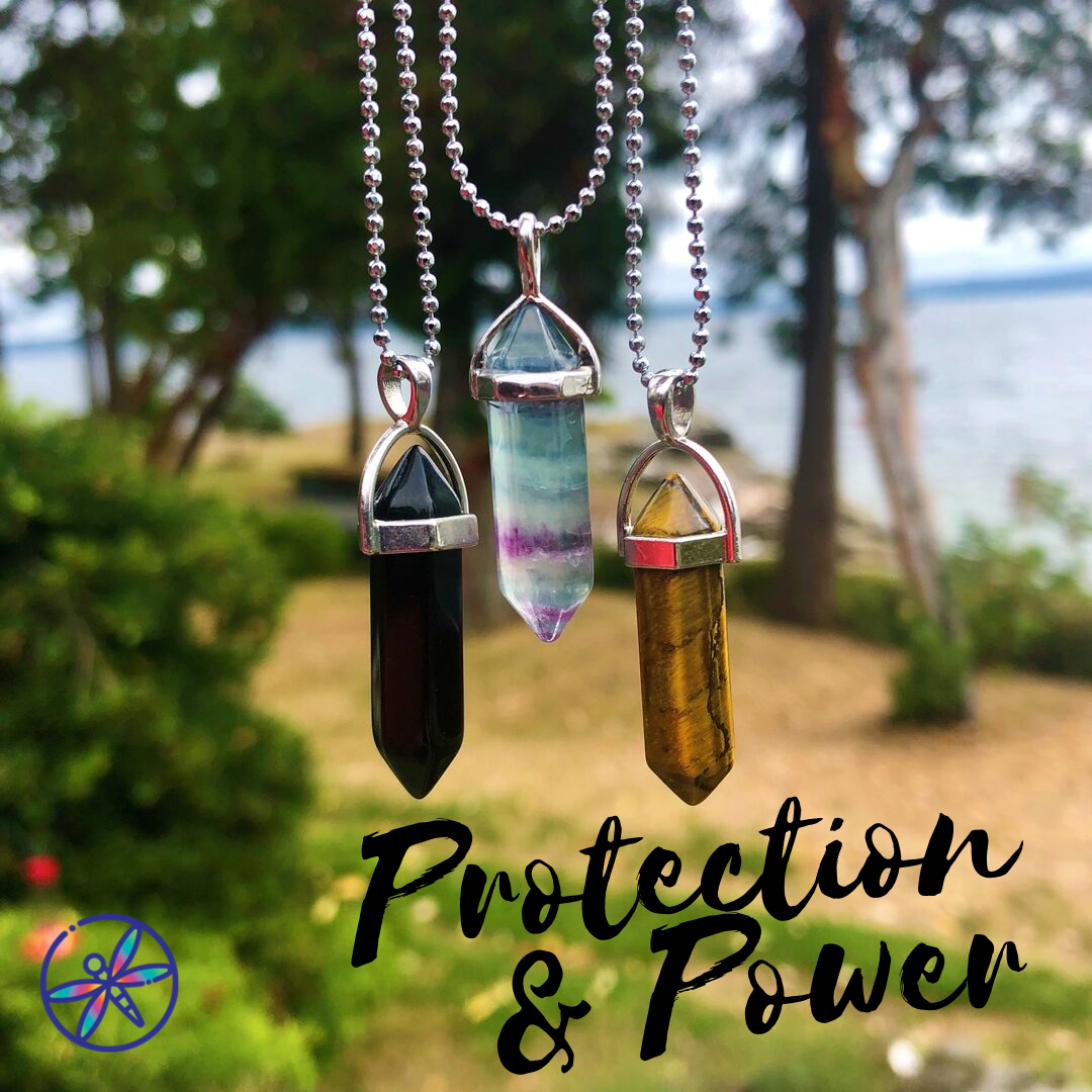 Conjunto de collar de cristales de protección y poder: ónix, fluorita y ojo de tigre 