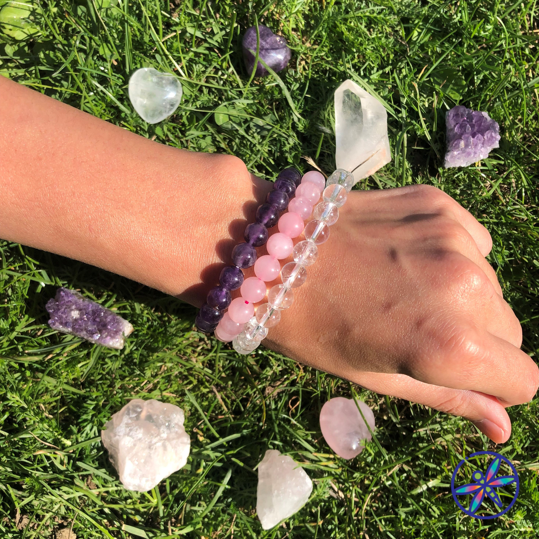 Juego de pulseras de cristal Serenity: amatista, cuarzo rosa y cuarzo transparente (3 pulseras) 