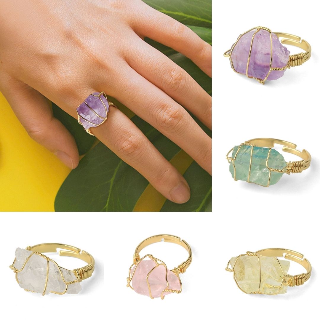 Anillo de cristal crudo envuelto en alambre - Tamaño ajustable